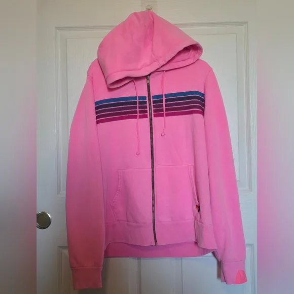 Aviator Nation 5 Stripe Zip Up Hoodie Sweatshirt - Neon Pink - Unisex XL - Picture 2 of 11